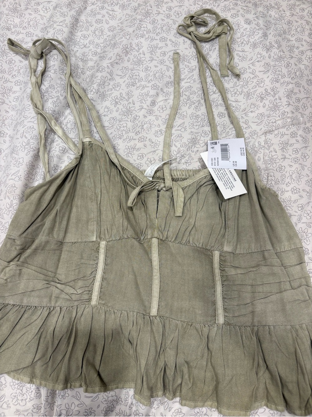 American Eagle Outfitters Olive Green Tie-Shoulder Ruffle Crop Top